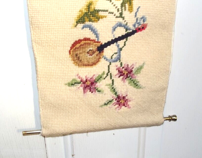 Needlepoint Bell Pull Wall Hanging Floral Vine Musical Instruments B75