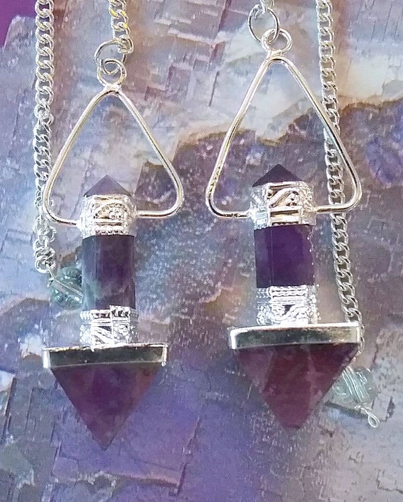2 DOWSING PENDULUMS, AMETHYST PYRAMID PENDULUM AND CRYSTAL PYRAMID PENDULUM