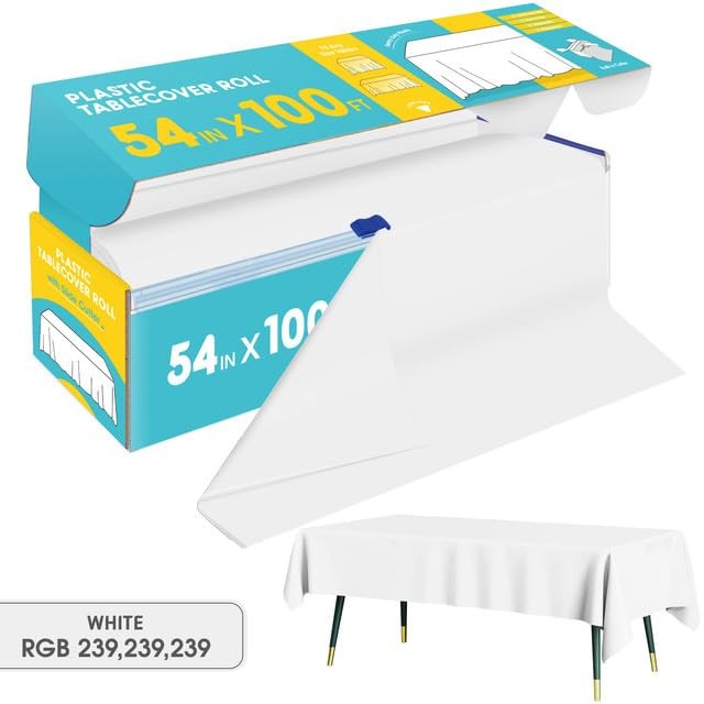 White Plastic Table Cover Roll - 54IN x 100FT, Table Cloth for Rectangle Tabl...
