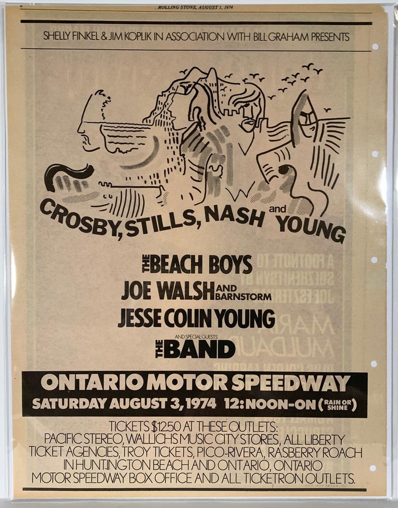 CROSBY STILLS NASH YOUNG Beach Boys JOE WALSH The Band 1974 Concert AD Ontario