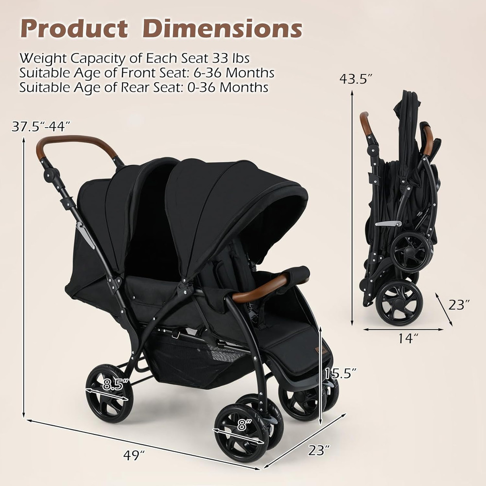 Double Stroller, Foldable Baby Tandem Stroller with Djustable Backrest Canopy Fo
