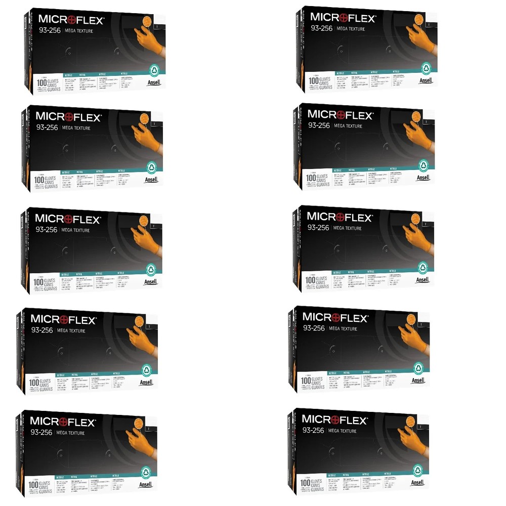 Microflex 93-256L Mega Texture LARGE Orange Nitrile Gloves 1 Case=1000