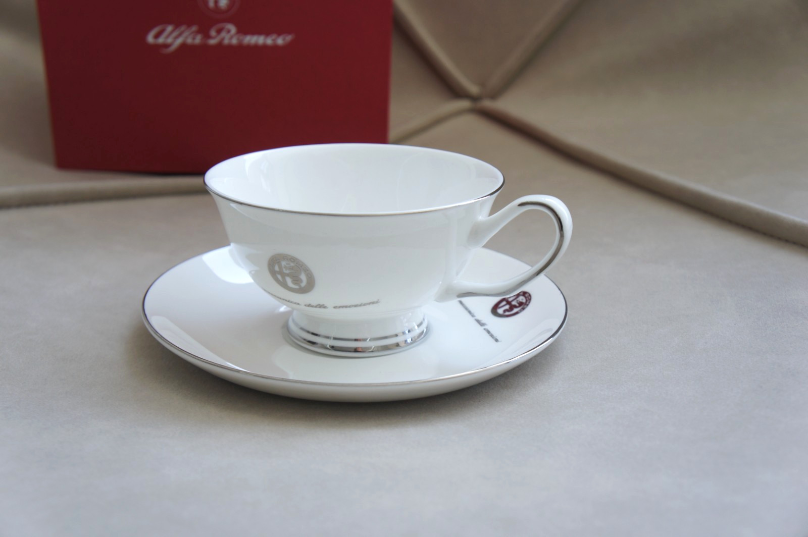 NIB Genuine Alfa Romeo Ceramic & Porcelain White Coffee Tea Cup Dish Saucer Set