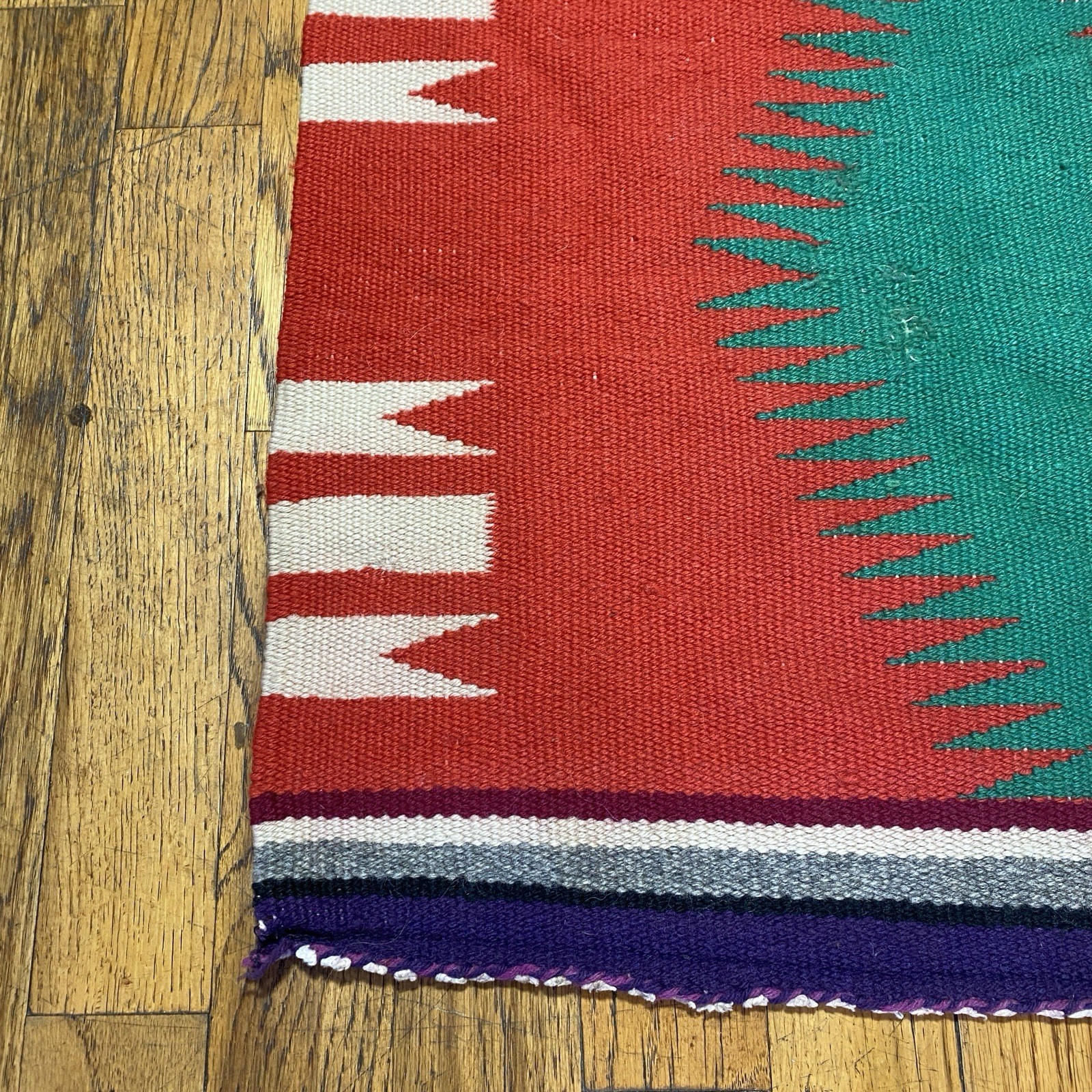 Vintage Navajo Germantown Sampler Rug Weaving Eyedazzler 21x19" Red Purple Green