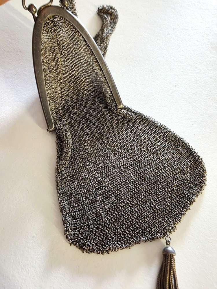 Antique Solid Silver 800 German Small Mesh Handbag Purse with Mesh Handle Strap.