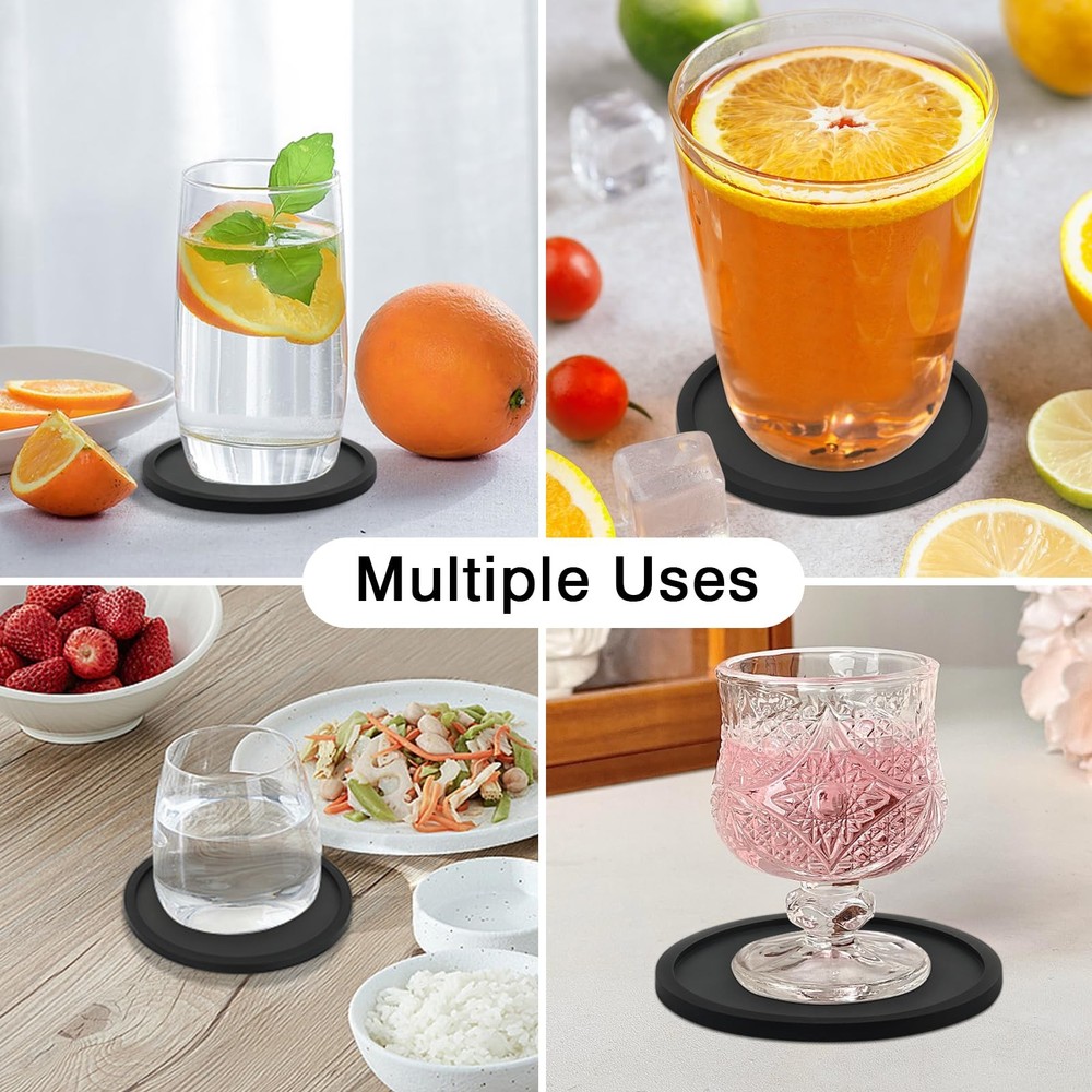 2 Pack Silicone Coasters for Drinks, Round Black 2pack- Coaster