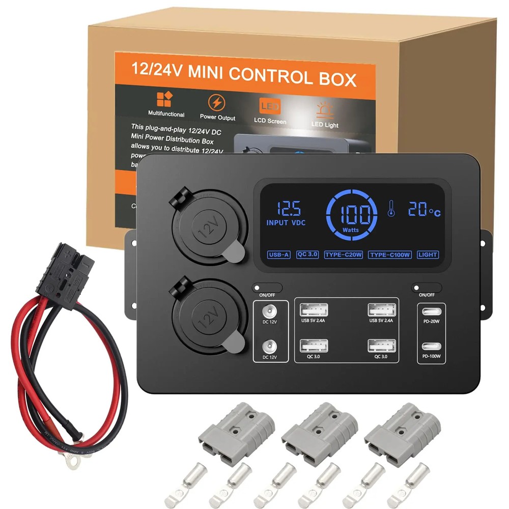12V Mini Car Power Socket Control Distribution Box USB C PD 100W Fast Charging