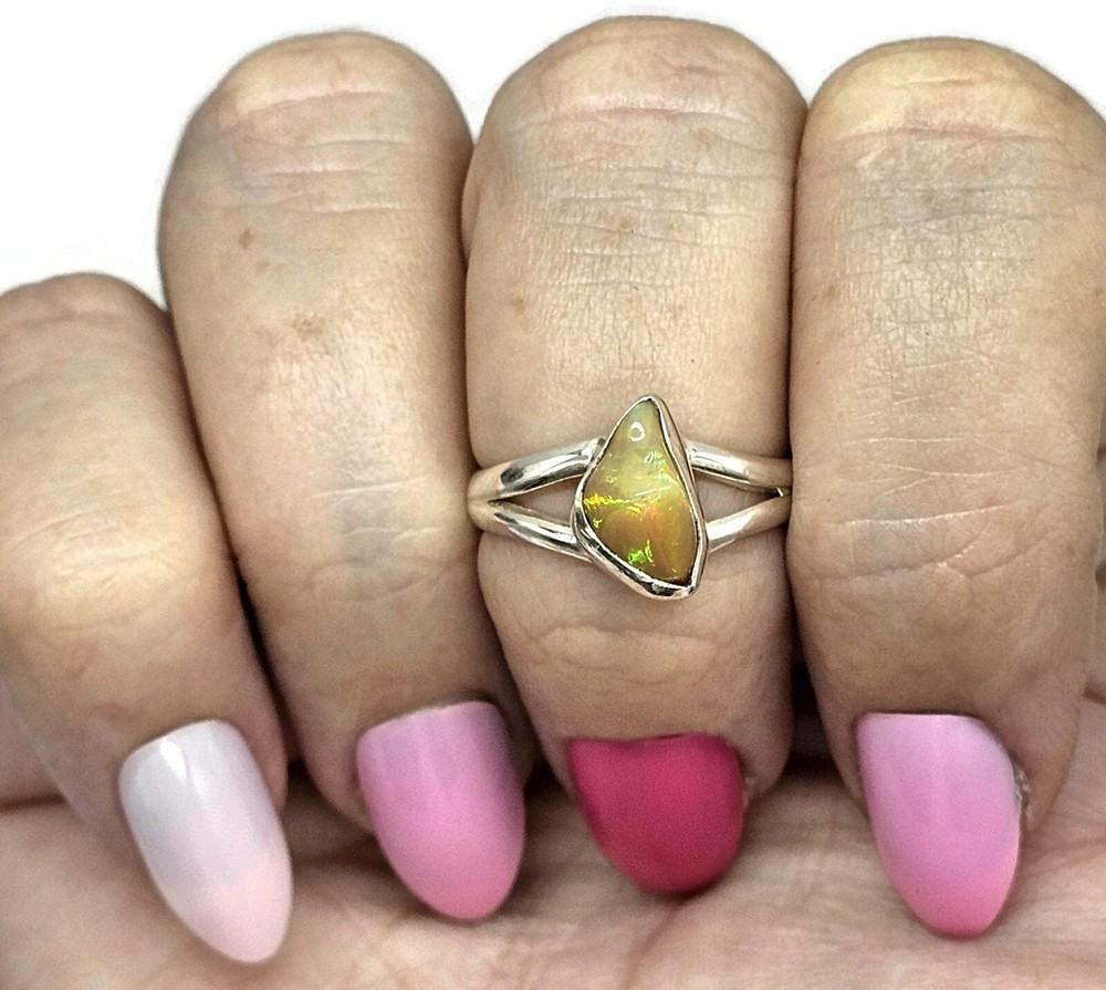 Solid Opal Ring, Size Q, October Birthstone, Sterling Silver, Rough Gem, Aura