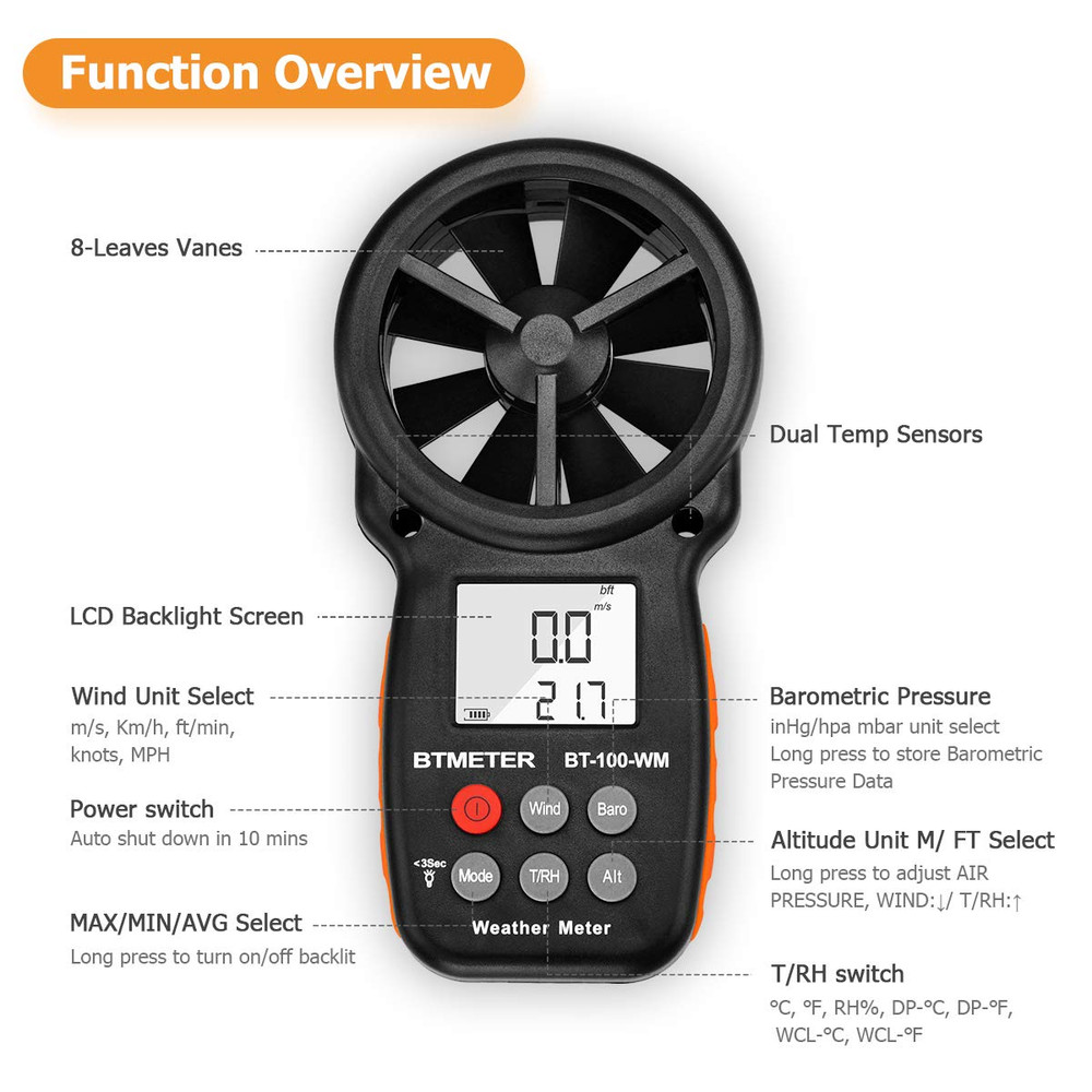 BTMETER Digital Anemometer Barometer Handheld, for Wind Speed Temperature Wind C