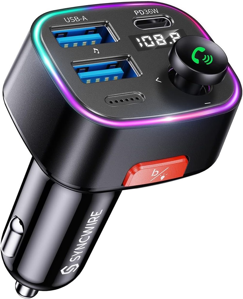 Syncwire Bluetooth 5.4 FM Transmitter Car Adapter 48W (PD 36W & 12W) [Light Swit