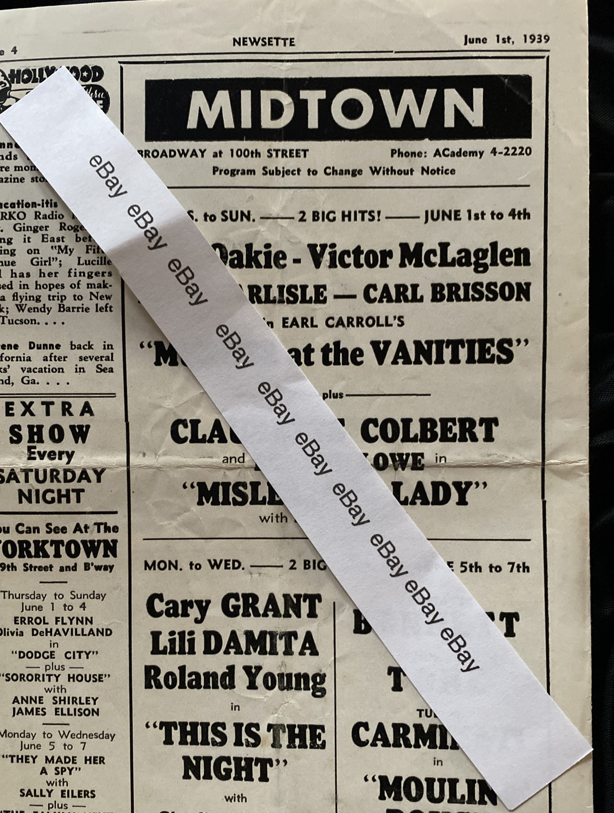 MIDTOWN NEWSETTE Vintage 1939 Movie Newspaper CLAUDETTE COLBERT Cary Grant MORE