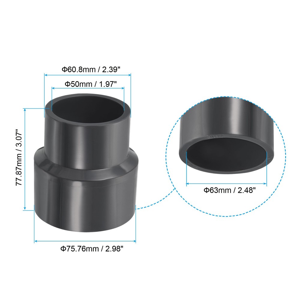 Reducer Pipe Fitting 2.5"x2" Socket Straight Coupling Adapter Connector Grey