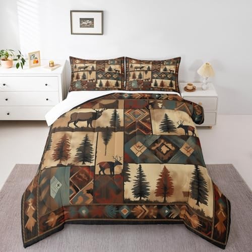 Deer Bedding Set Size Wild Animal Comforter Set for Kids Boys Queen Drak Brown