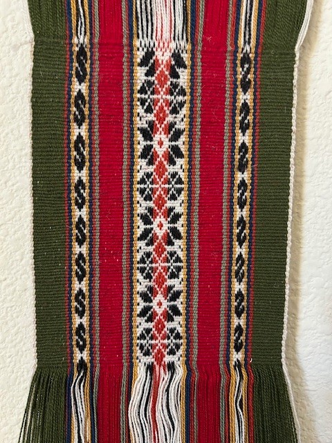 Vintage Peruvian textile, hanging hand loom, hand woven traditional design
