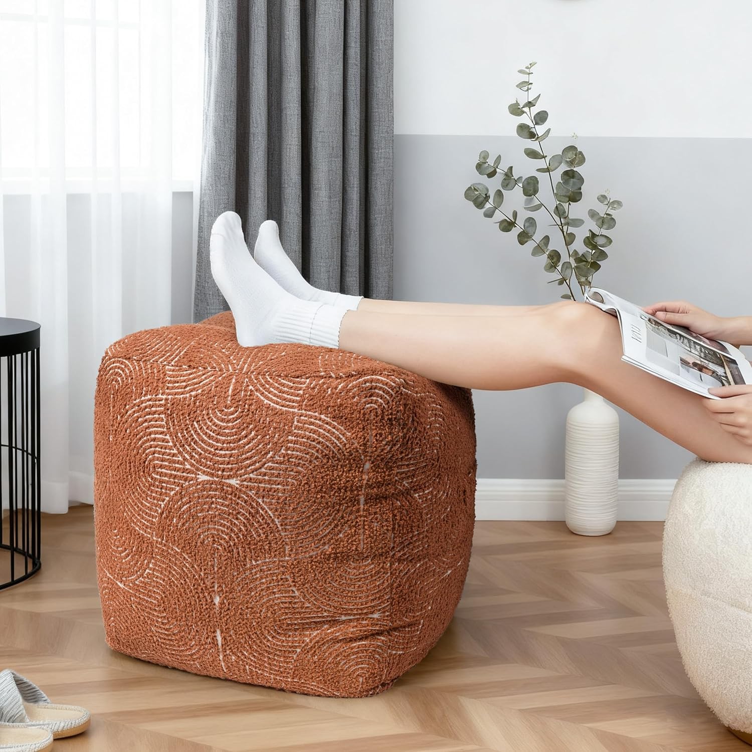 Unstuffed Boho Textured Pouf Cover Organic Modern Mid Century Rainbow Tufted