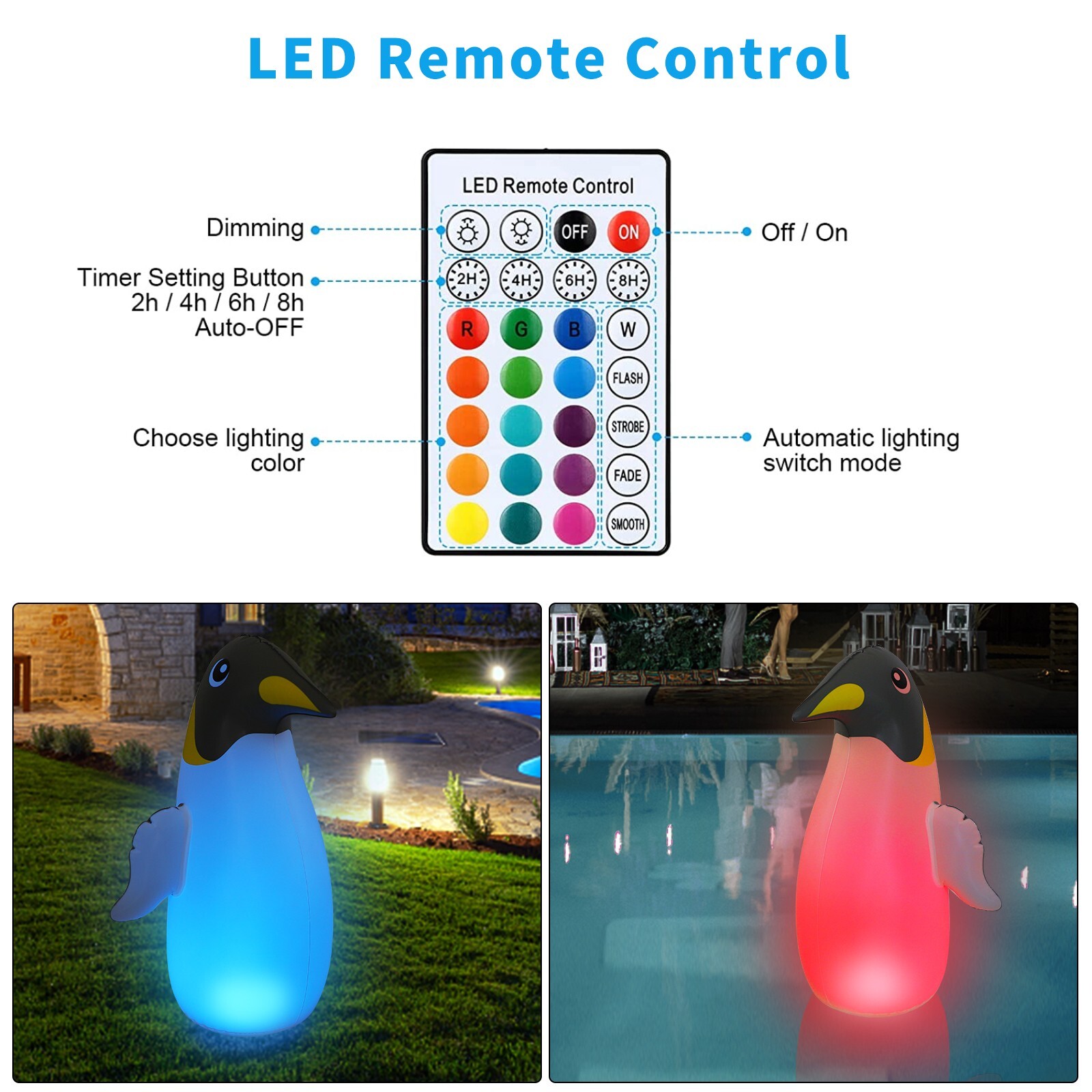 2 Pack Solar Floating Penguin Lights with Remote Waterproof 16 Colors 4 Modes