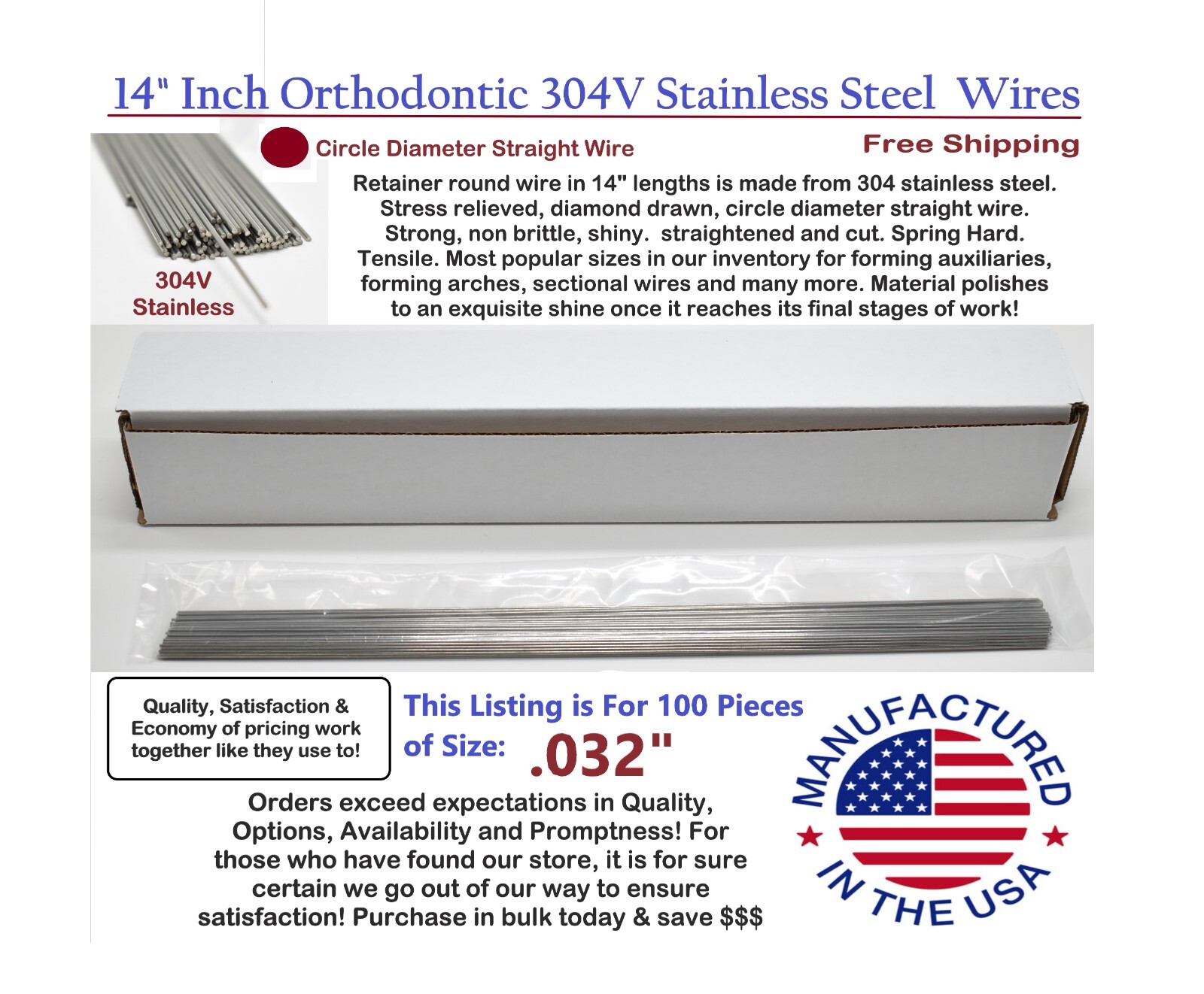 Orthodontic Stainless Steel Straight Lengths .032" Wire SS 14'' Lengths 100 Pack