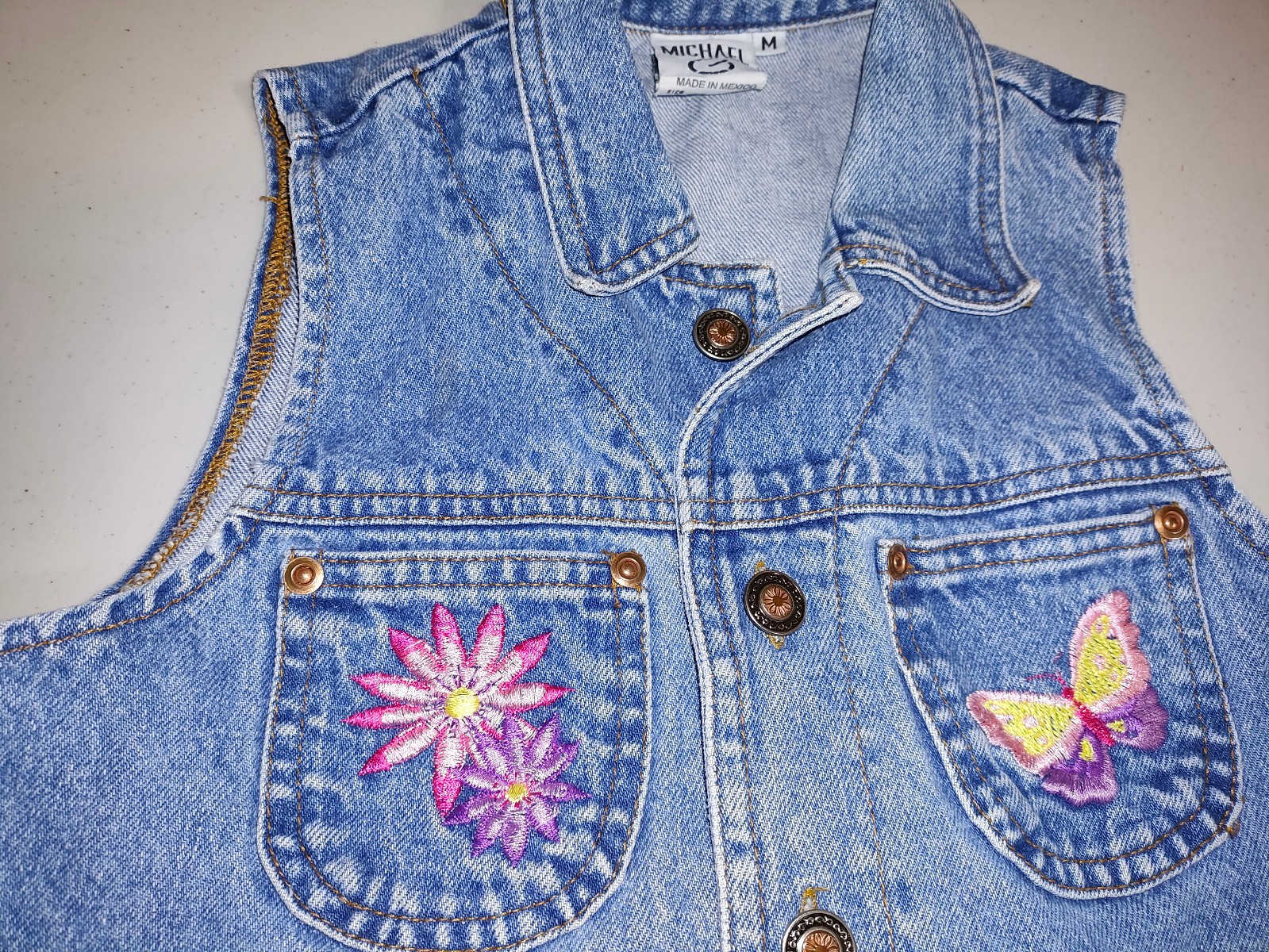Girls Denim Embroidered Vest Flowers Butterfly Medium