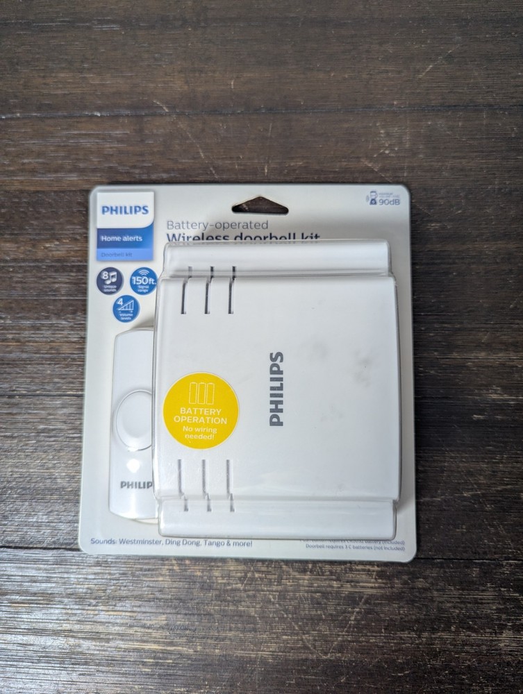 NEW Phillips Wireless Doorbell Kit 8 Melodies & 1 Push Button Battery Operated