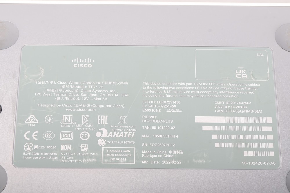 Cisco TTC7-25 Video Conference Webex Room Codec