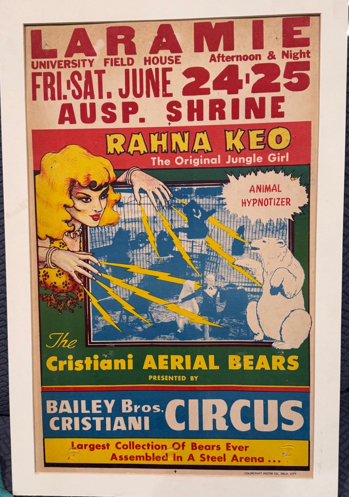 RARE ORIGINAL BAILEY BROS CRISTIANI CIRCUS POSTER 1951 ANIMAL HYPNOTIZER