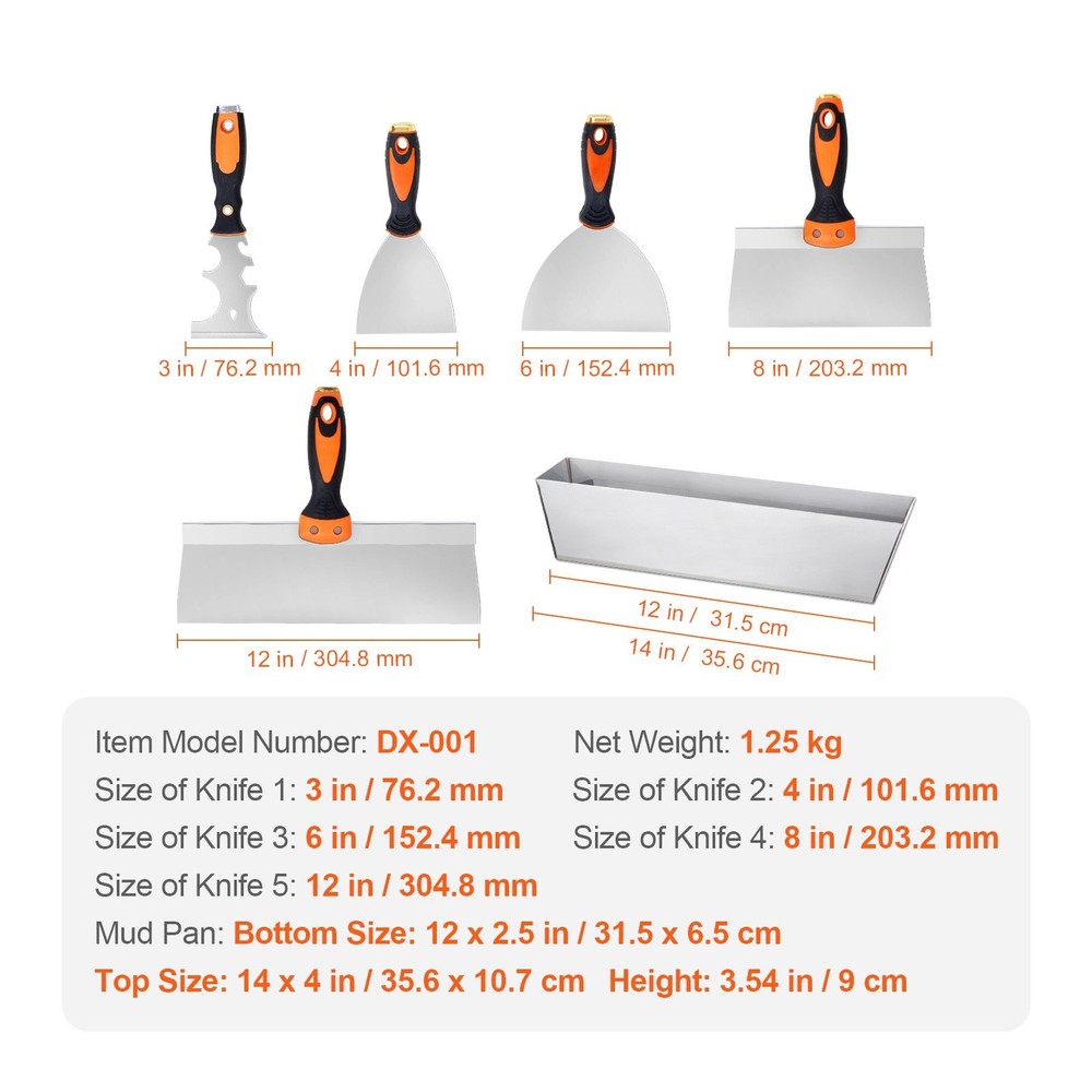 Drywall Tool Set: Scraper, Putty & Taping Knives, Mud Pan