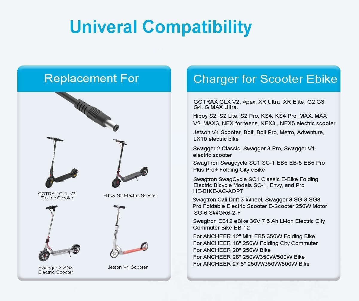 42V 2A Charger Replacement for GOTRAX GXL V2,G2,G3,G4,Apex,Glider,XR Elite