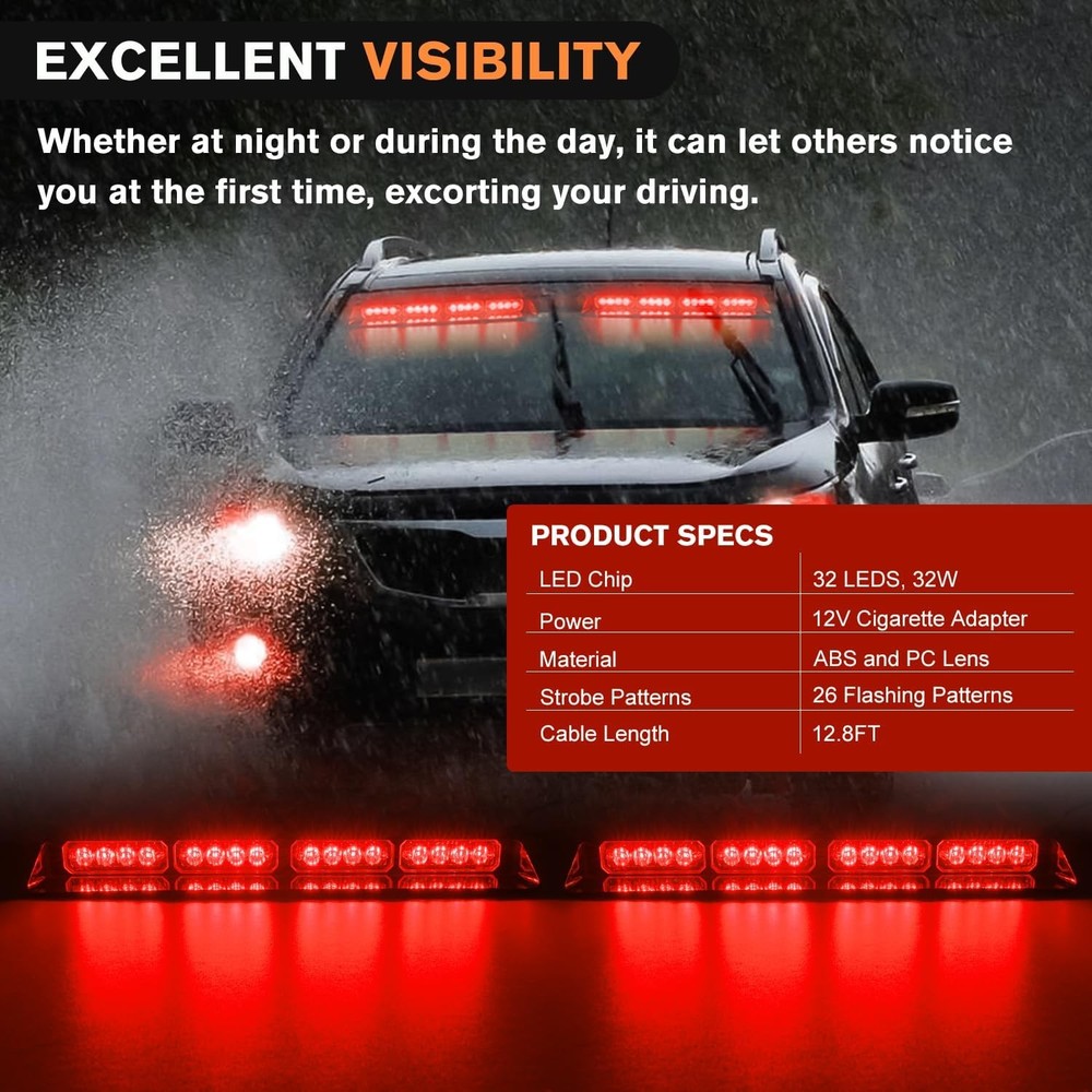 Nilight 32LED Red Emergency Dash Strobe Lights with Controller Suction Cups W...