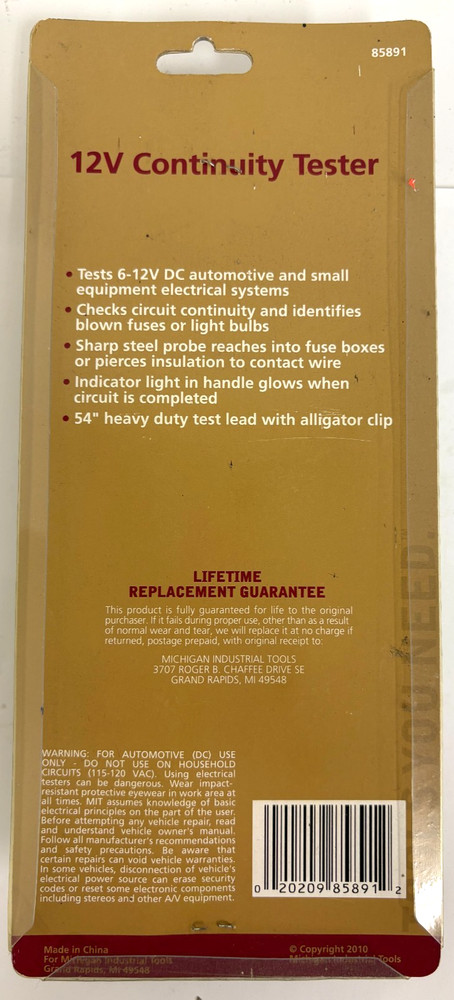 12 VOLT ELECTRIC CIRCUIT CONTINUITY TESTER WORKSHOP 85891