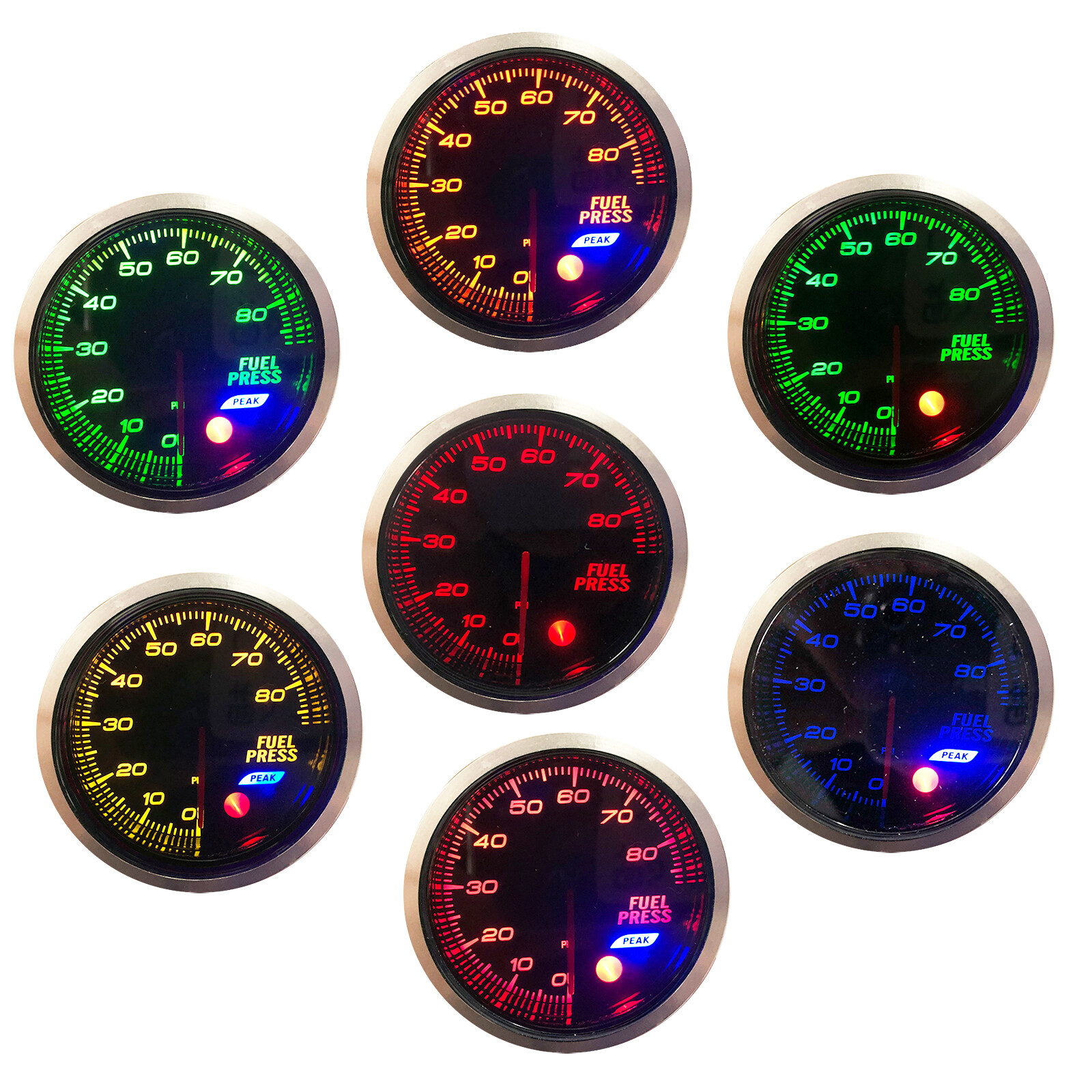 0-80 PSI 52mm 2-1/16" Fuel Pressure Gauge 7 Color Meter W/ Press Alarm Sensor