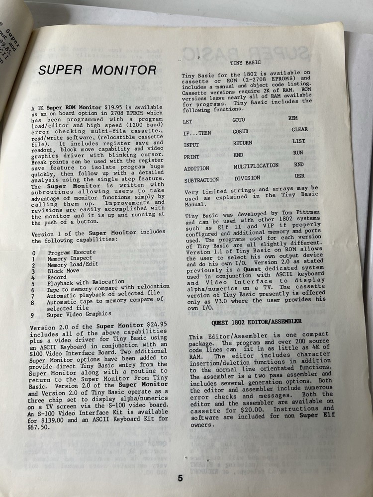 Quest Super ELF 1802 Expendable Micro Computer Accessories Catalog W Discription