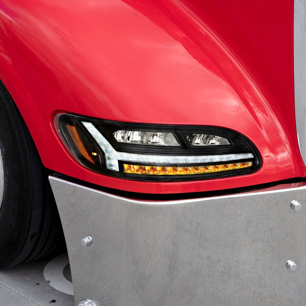 Pair Blackout 6 LED Headlights w/ White Light Bar For 2006-2016 Peterbilt 386