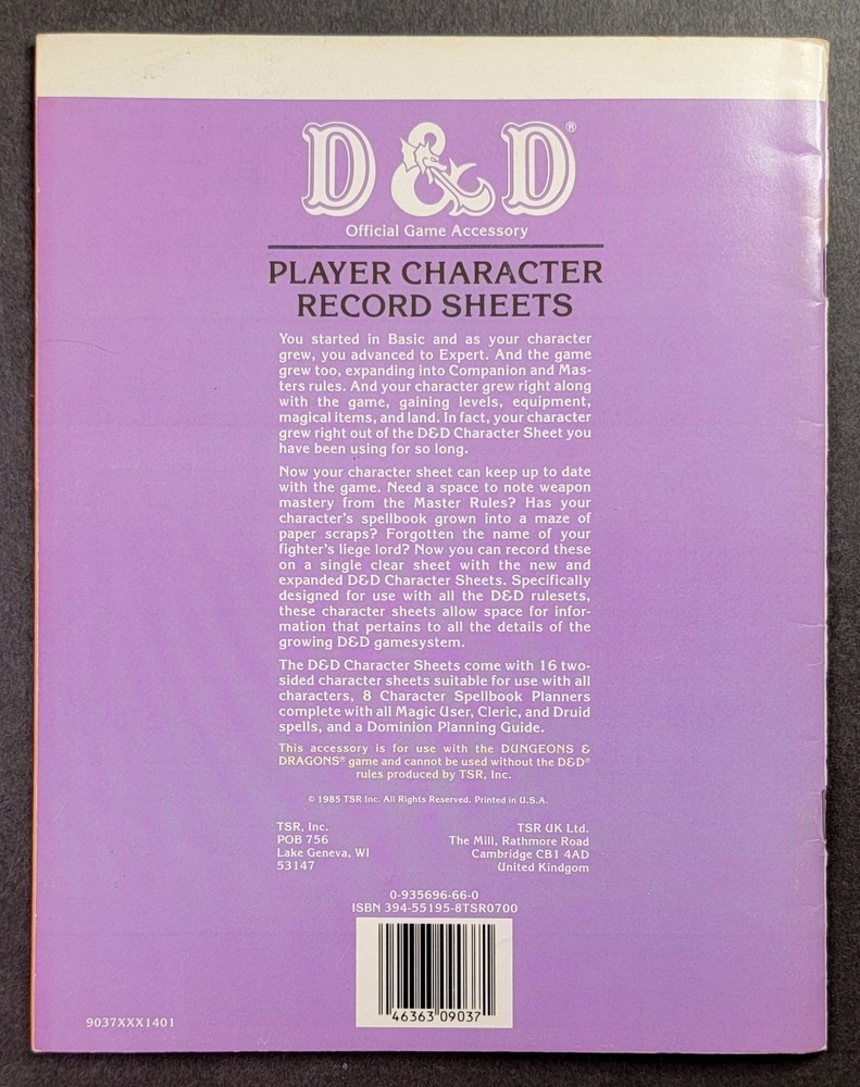 Dungeons & Dragons Player Character Record Sheets 1985 9037 TSR