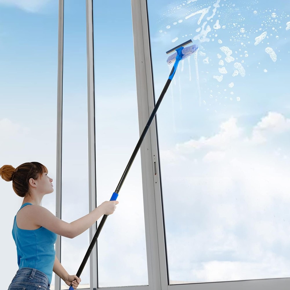 69'' Window Squeegee, 2-In-1 Squeegee Window Cleaning + Scrubber & Rotating Head
