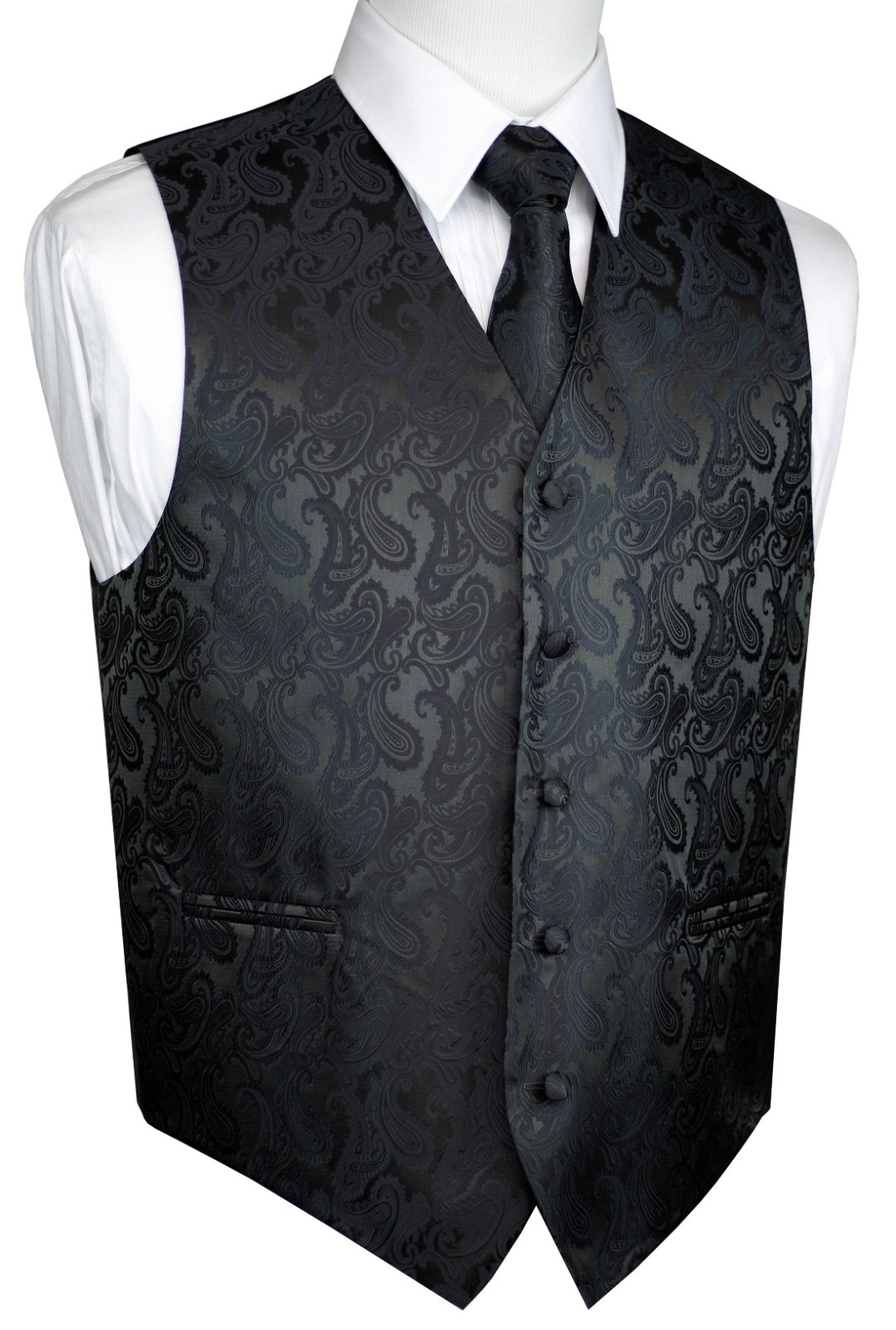 MEN'S CHARCOAL PAISLEY TUXEDO VEST, TIE & HANKIE SET. FORMAL DRESS WEDDING PROM