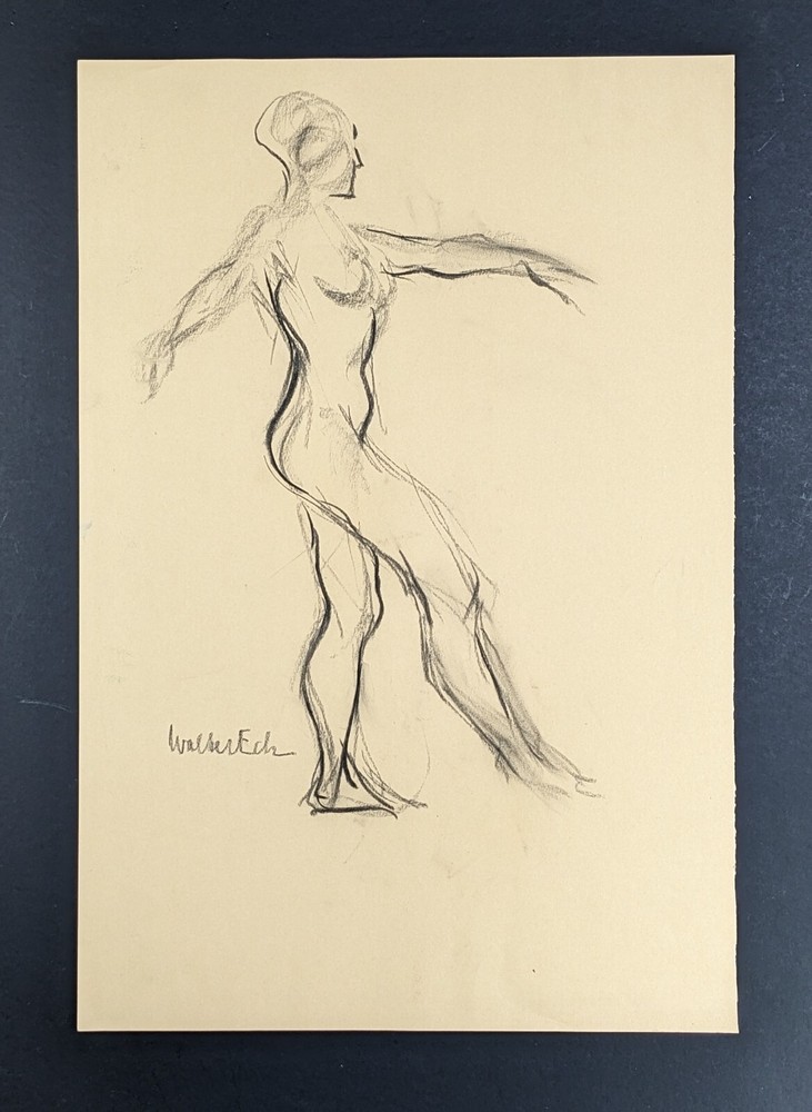 Walter Eck, dancing female nude, drawing, autographed