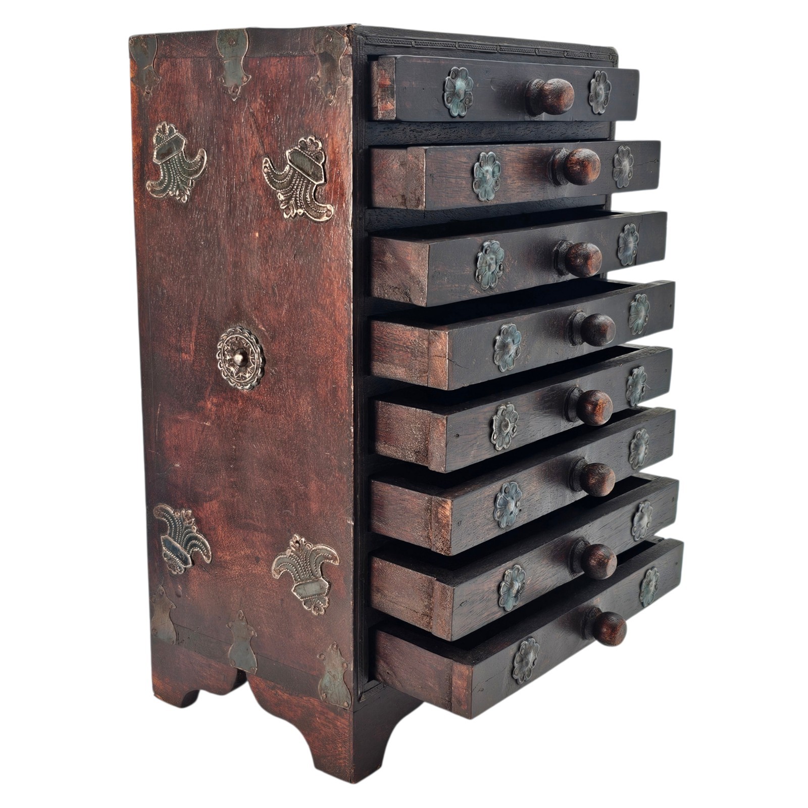 VTG Apothecary Drawer Cabinet 8 Drawer Indian Wood Spice Jewelry Chest (13")