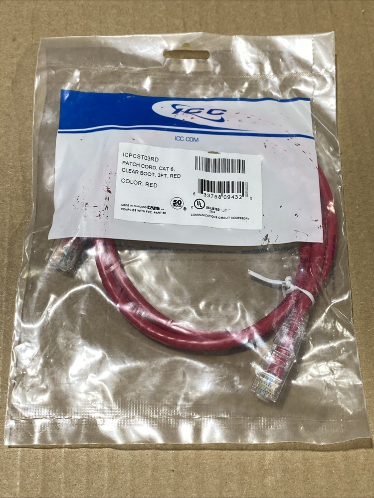 ICC ICPCST03RD CAT6 Clear Boot Patch Cord - 3 ft Red New