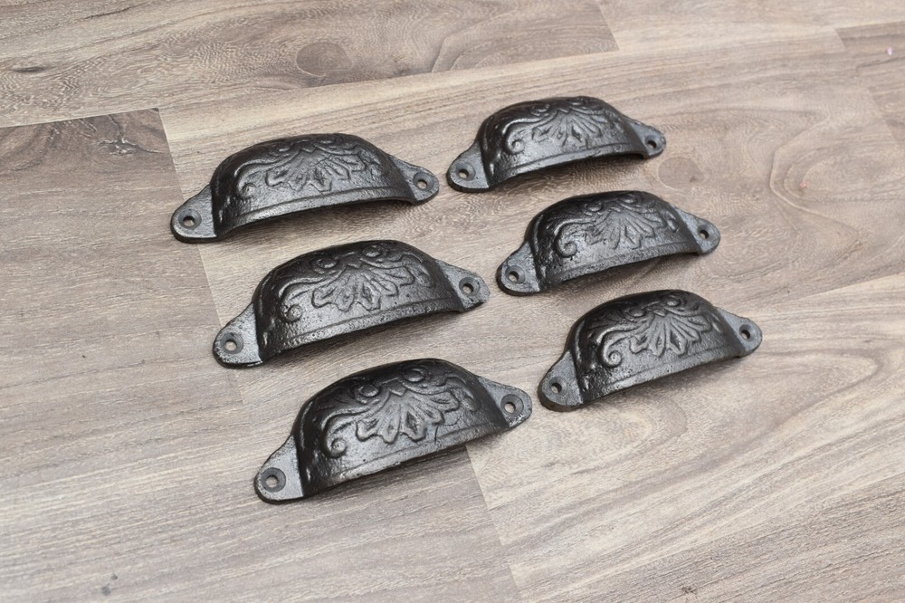 Vintage cast iron Cup Bin Pulls cabinet drawer door knobs handles pull rustic 6p