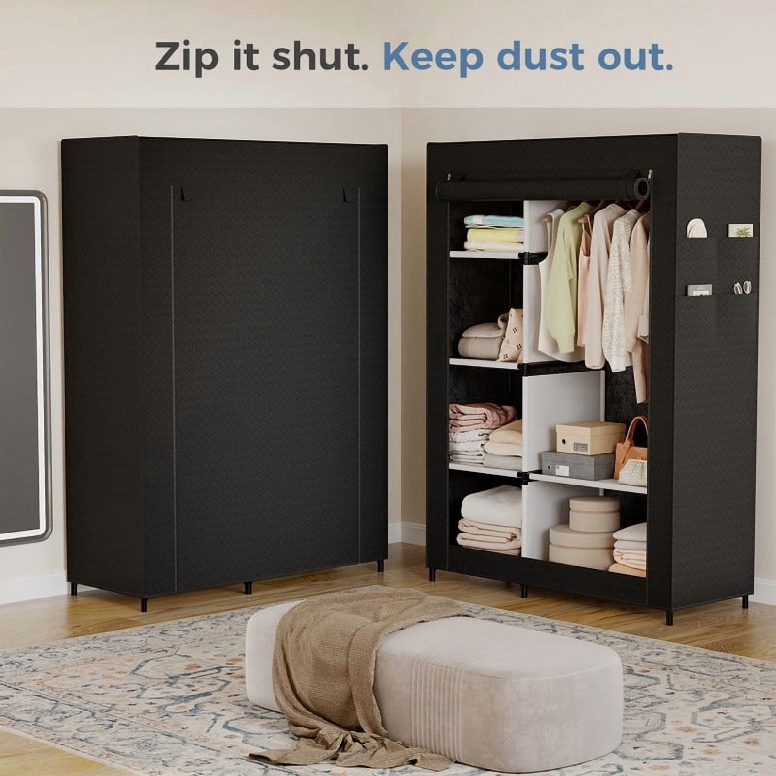 Heavy-duty hanging clothes rack with fabric cover, portable freestanding multi