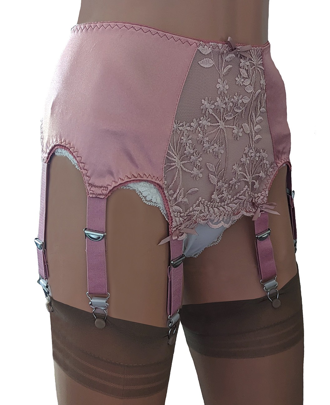 Pink 8 Strap Suspender Belt in Rose Pink Satin with Embroidered Lace Front