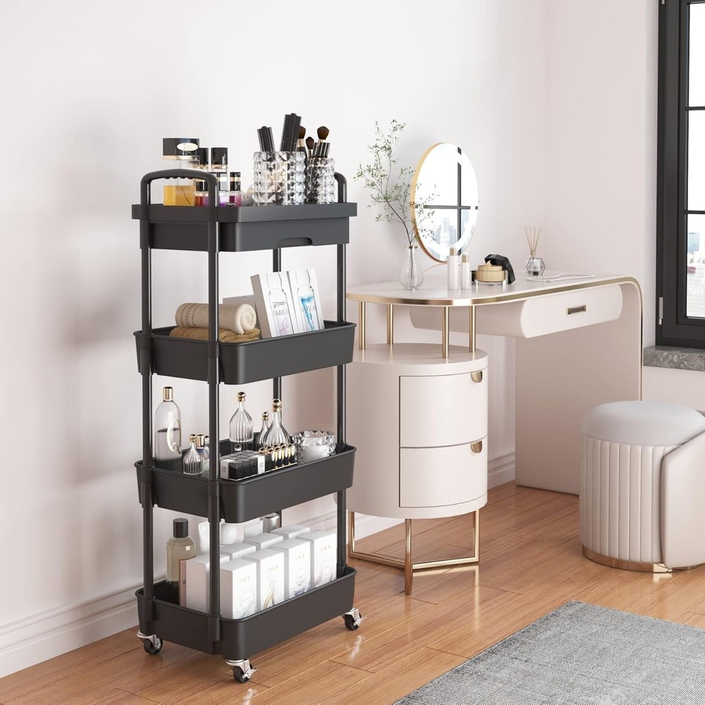 Adjustable 4-Tier Rolling Cart - Effortless Storage Solution with Chic Design