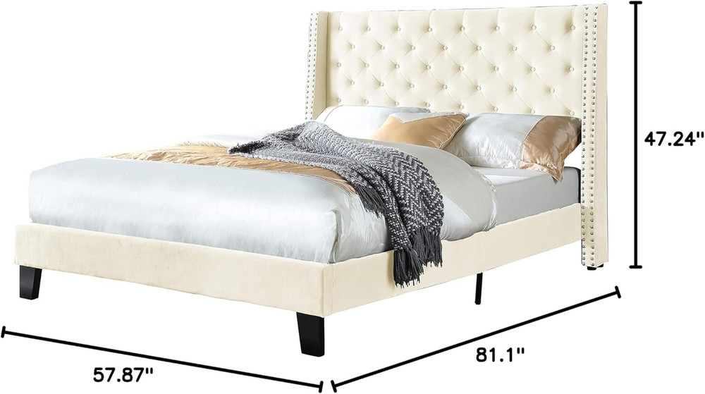 Chic Tufted Wingback Bed Frame, Sturdy Wood, Full Size, Beige