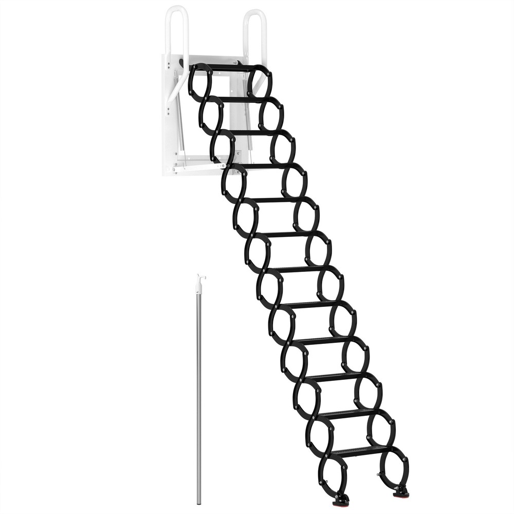 Wall Mounted Folding Ladder Black Loft Attic Stairs Pull down 12 Steps👍