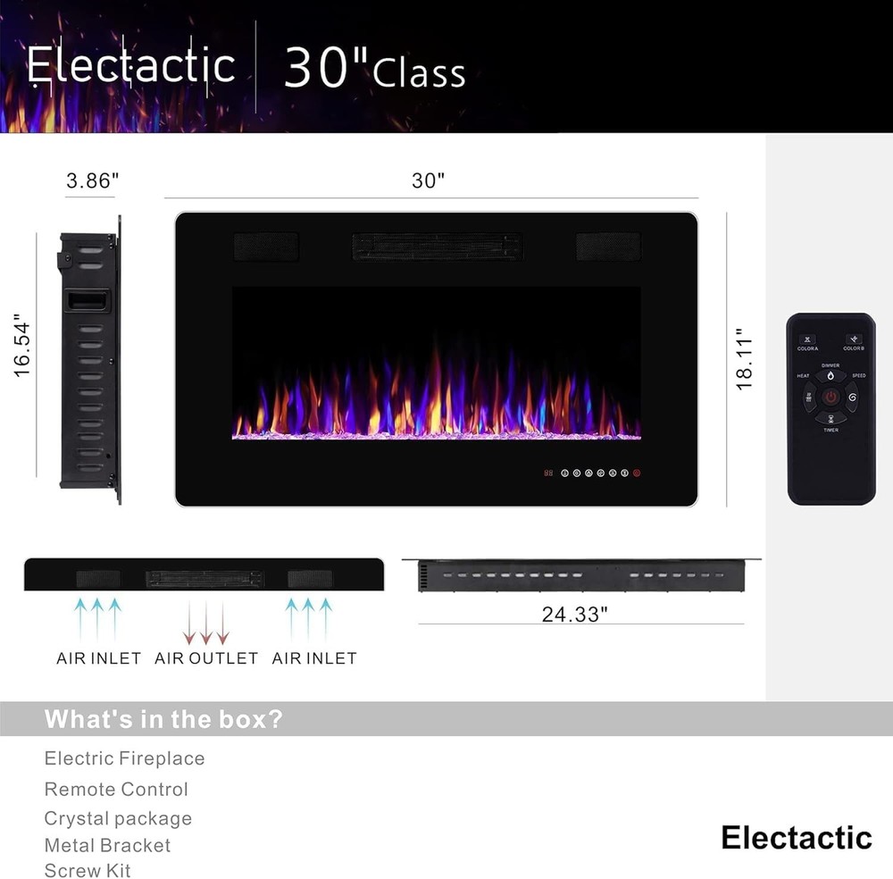 30 Inch Electric Fireplace Insert Ultra-Thin - Recessed & Wall-Mounted Firepl...