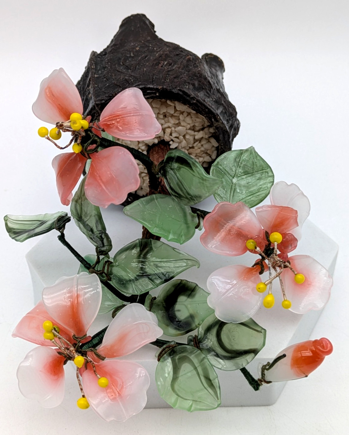 Asian Pink & Green Jade Glass Bonsai Flowers In Footed Pot Signed