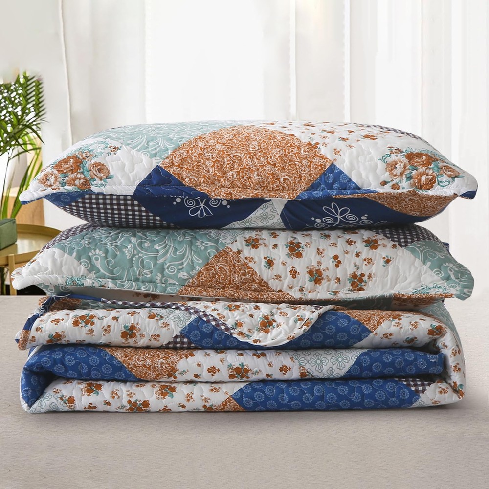 Dinjoy Reversible Patchwork Quilt Bedding Set Queen Size Blue Queen,
