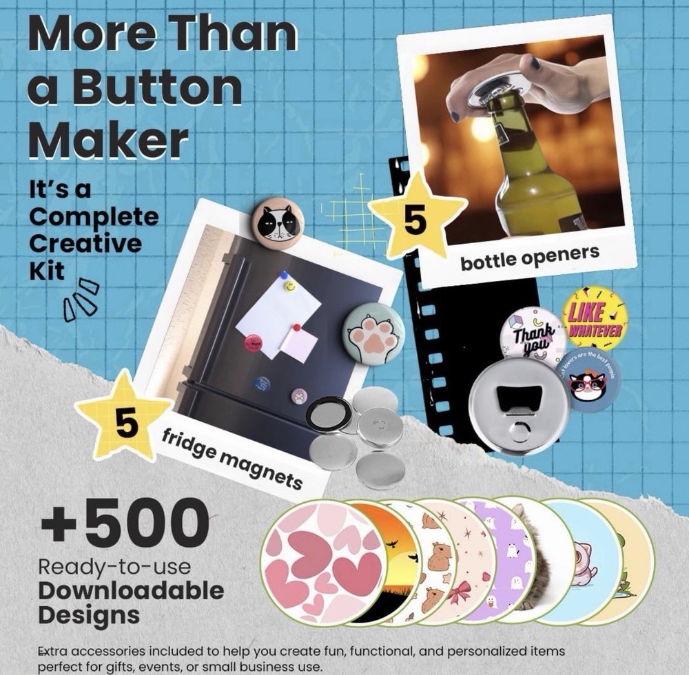 Button Maker Machine – 2.25 Inch (58mm) – Single Mold, Pin Maker Machine Kit wit