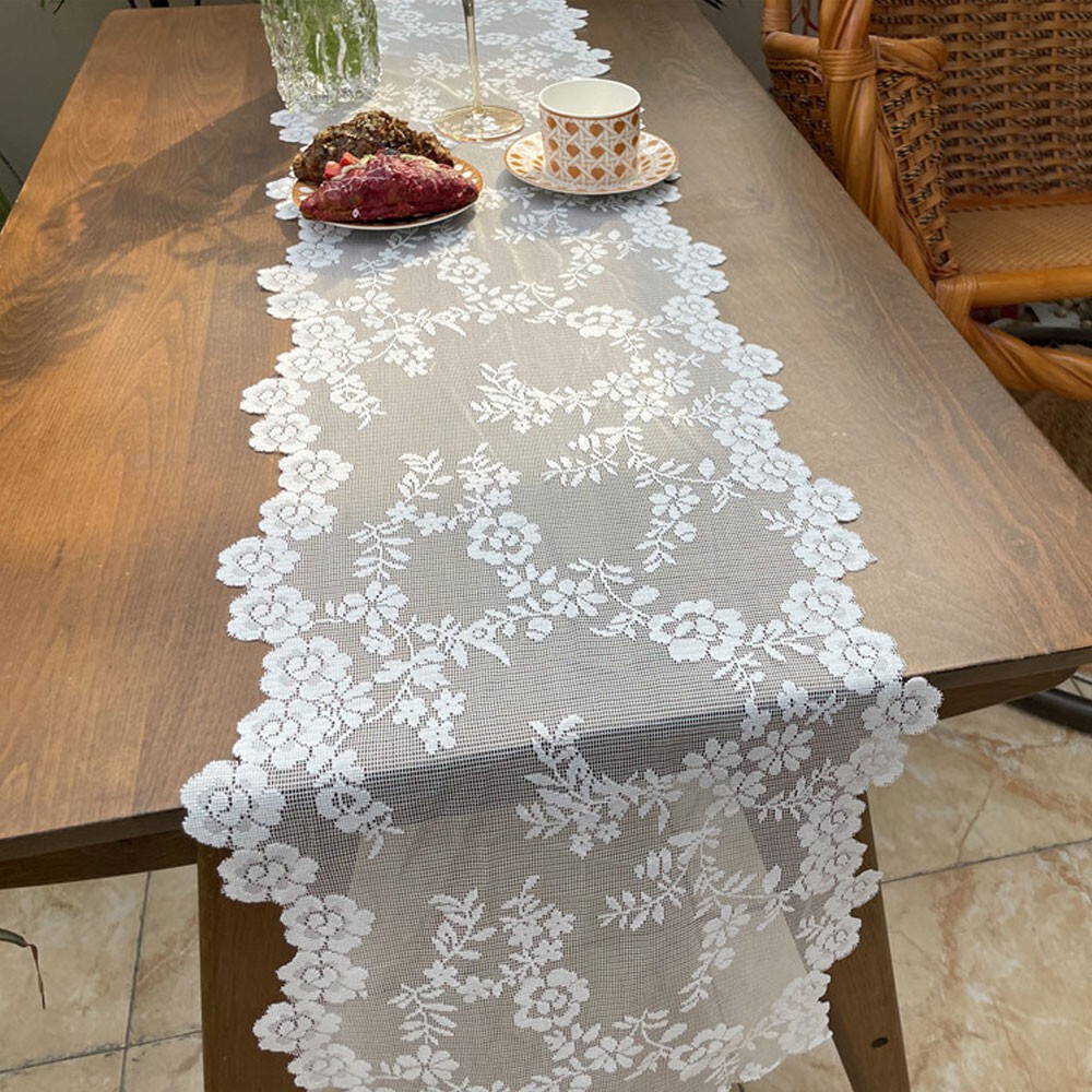 White Vintage Embroidered Lace Flower Table Runner Dresser Scarf Wedding Party