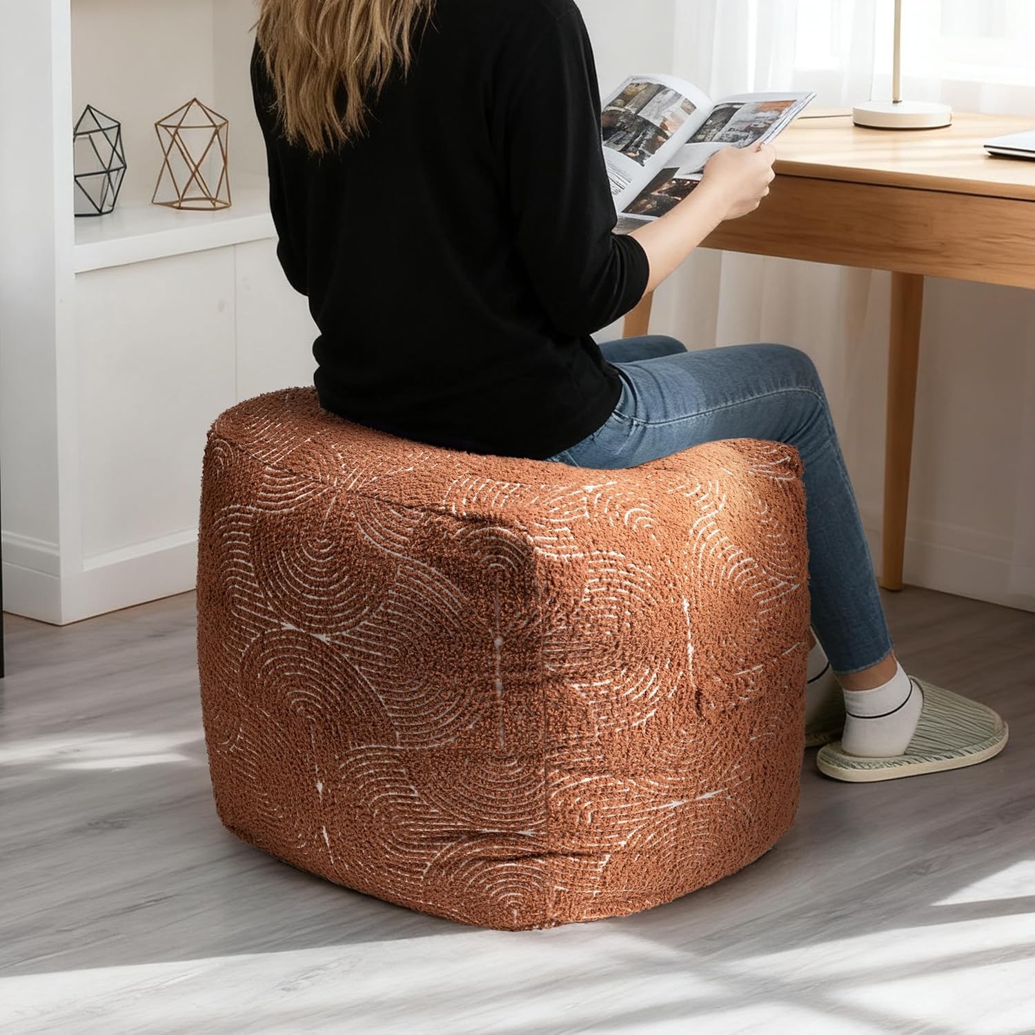 Unstuffed Boho Textured Pouf Cover Organic Modern Mid Century Rainbow Tufted